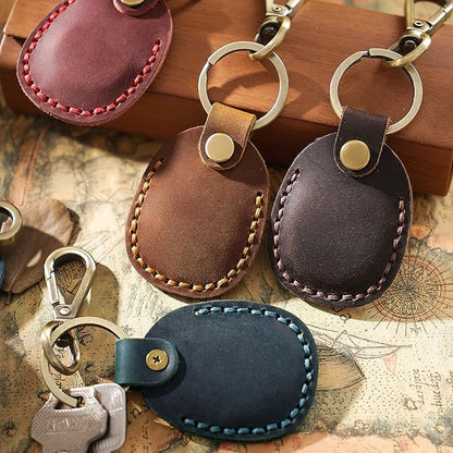 Genuine Leather Airtag Holder, Portable Air Tag Keychain with Key Rings Full Coverage Air Tags Hidden Case Cover Compatible for AirTags Dark Brown