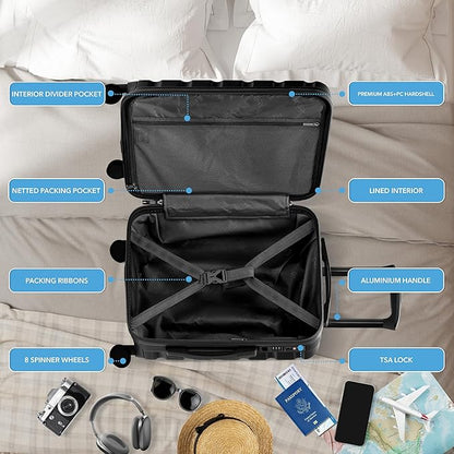 Flight Knight Luggage Sets TSA Lock Silent Double Spinner Wheels Suitcase With Case Maximum Carry On Bag Size For American & United Approved Airlines(3 Piece Set (22/27/31"),Black)