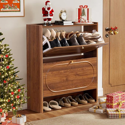 ORRD Shoe Storage Cabinet with 2 Flip Drawers, Wood Narrow Shoe Cabinet for Entryway, Fluted Hidden Shoe Organizer, Freestanding Slim Shoes Cabinets for Foyer, Hallway-Walnut