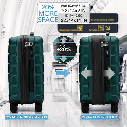 Flight Knight 22x14x9" Expandable Carry On Suitcase Hardside TSA Lock USB C Port Lightweight Luggage Silent Double Spinner Wheels Maximum Overhead Carry-On Bag For American & United Approved Airlines