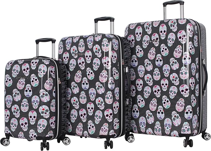 Betsey Johnson Designer Luggage Collection - Expandable 3 Piece Hardside Lightweight Spinner Suitcase Set - Travel Set includes 20-Inch Carry On, 26 inch and 30-Inch Checked Suitcase (Skull Party)