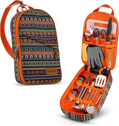 Camp Kitchen Cooking Utensil Set Travel Organizer Grill Accessories Portable Compact Gear for Backpacking BBQ Camping Hiking Travel Cookware Kit Water Resistant Case