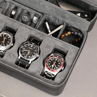 ROTHWELL 8 Watch Travel Case Storage Organizer for 8 Watches, Sunglasses, Rings & Cufflinks |Tough Portable Protection with Zipper Fits Most Wristwatches & Smart Watches Up to 50mm (Black/Grey)