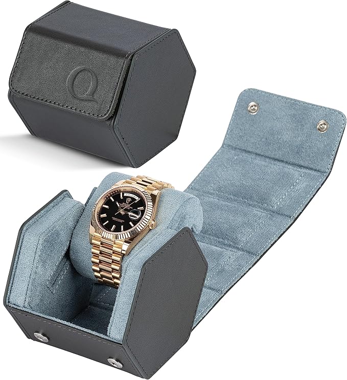 QWATCHBANDS Leather Watch Cases for Men - Hexagon Single & Double Watch Roll Travel Case - Genuine Napa Leather with Velvet Interior - Storage & Display Holder 1 or 2 Watches