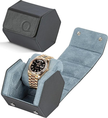 QWATCHBANDS Leather Watch Cases for Men - Hexagon Single & Double Watch Roll Travel Case - Genuine Napa Leather with Velvet Interior - Storage & Display Holder 1 or 2 Watches