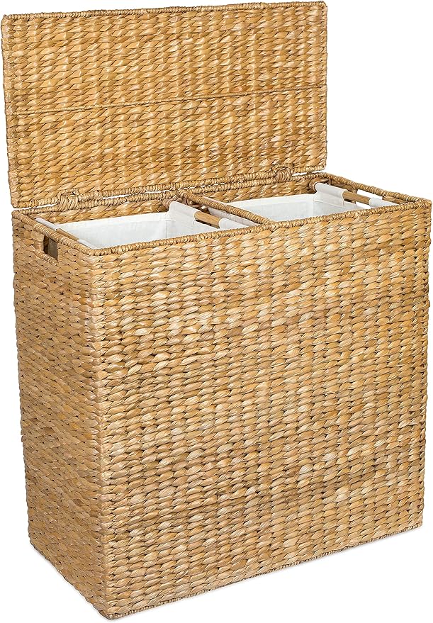 BIRDROCK HOME Oversized Divided Hamper with Liners (Honey) | Made of Natural Woven Seagrass Fiber | Organize Laundry | Cut-Out Handles for Easy Transport | Includes 2 Machine Washable Canvas Liners