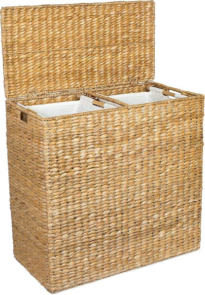 BIRDROCK HOME Oversized Divided Hamper with Liners (Honey) | Made of Natural Woven Seagrass Fiber | Organize Laundry | Cut-Out Handles for Easy Transport | Includes 2 Machine Washable Canvas Liners