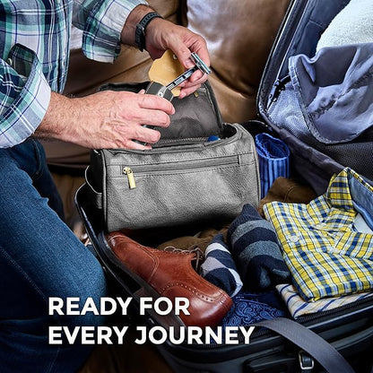 MINARAI-Mens Toiletry Bag with Razor Case– Premium Leather-Look Hygiene Bag for men with Wide-Open Access, Hanging Design, and Strong Structure– Built for Travel, Gym, and Everyday Organization– GREY