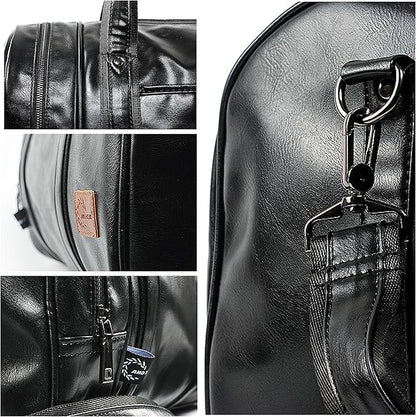 Leather Travel Bag with Shoe Pouch, Waterproof Weekender Overnight Bag, Carry On Duffel Bag for Men Women-Black