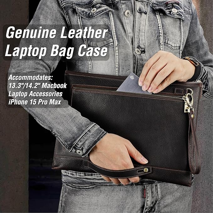 Top Grain Leather 14.2" Slim Laptop Bag Case, Envelope Style, Removable Wristlet & 3 Pockets, Fits MacBook Pro 14 Inch 2021 2022 M1 Pro/M1 Max A2442 & Other Laptop, Black Coffee 14.2 Inch