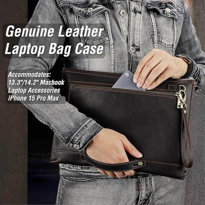 Top Grain Leather 14.2" Slim Laptop Bag Case, Envelope Style, Removable Wristlet & 3 Pockets, Fits MacBook Pro 14 Inch 2021 2022 M1 Pro/M1 Max A2442 & Other Laptop, Black Coffee 14.2 Inch