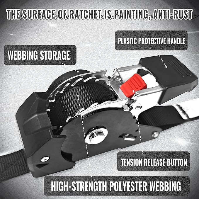 KJE Retractable Ratchet Straps, (4) 1" x 10' Tie Down Strap + (4) Soft Loop - Heavy Duty 1,650lb Max Break Strength, S-Hook with Clip, Self Retracting Ratchet Strap for Motorcycle, Kayak, ATVs, Boats