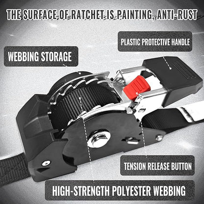 KJE Retractable Ratchet Straps, (4) 1" x 10' Tie Down Strap + (4) Soft Loop - Heavy Duty 1,650lb Max Break Strength, S-Hook with Clip, Self Retracting Ratchet Strap for Motorcycle, Kayak, ATVs, Boats