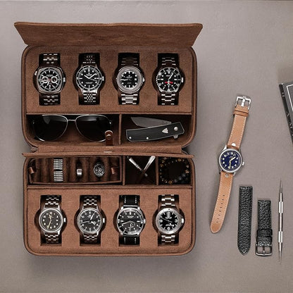 ROTHWELL 8 Watch Travel Case Storage Organizer for 8 Watches, Sunglasses, Rings & Cufflinks |Tough Portable Protection with Zipper Fits Most Wristwatches & Smart Watches Up to 50mm (Tan/Brown)