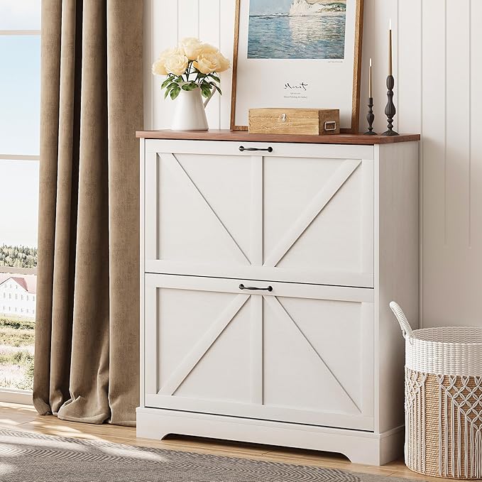 Shoe Cabinet, Shoe Storage Cabinet for Entryway with 2 Flip Drawers, Narrow Farmhouse Shoe Organizer Cabinet, Slim Shoe Rack Cabinet, White