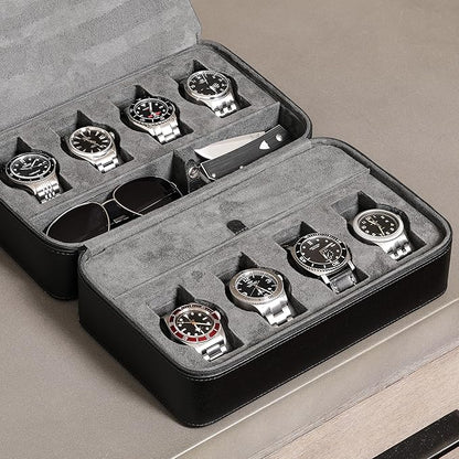 ROTHWELL 8 Watch Travel Case Storage Organizer for 8 Watches, Sunglasses, Rings & Cufflinks |Tough Portable Protection with Zipper Fits Most Wristwatches & Smart Watches Up to 50mm (Black/Grey)