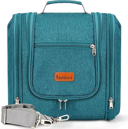 Travel Hanging Toiletry Bag for Women and Men, 6 Organizer Compartments, Holds Full Size Bottles, Extra Large Cosmetic Accessories, Makeup essentials, Bathroom Water-resistant Toiletries Bag, Blue