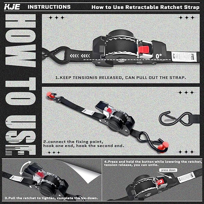 KJE Retractable Ratchet Straps, (4) 1" x 10' Tie Down Strap + (4) Soft Loop - Heavy Duty 1,650lb Max Break Strength, S-Hook with Clip, Self Retracting Ratchet Strap for Motorcycle, Kayak, ATVs, Boats