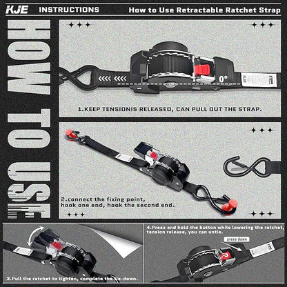 KJE Retractable Ratchet Straps, (4) 1" x 10' Tie Down Strap + (4) Soft Loop - Heavy Duty 1,650lb Max Break Strength, S-Hook with Clip, Self Retracting Ratchet Strap for Motorcycle, Kayak, ATVs, Boats