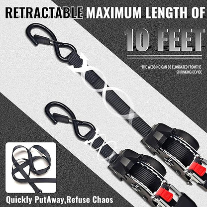 KJE Retractable Ratchet Straps, (4) 1" x 10' Tie Down Strap + (4) Soft Loop - Heavy Duty 1,650lb Max Break Strength, S-Hook with Clip, Self Retracting Ratchet Strap for Motorcycle, Kayak, ATVs, Boats