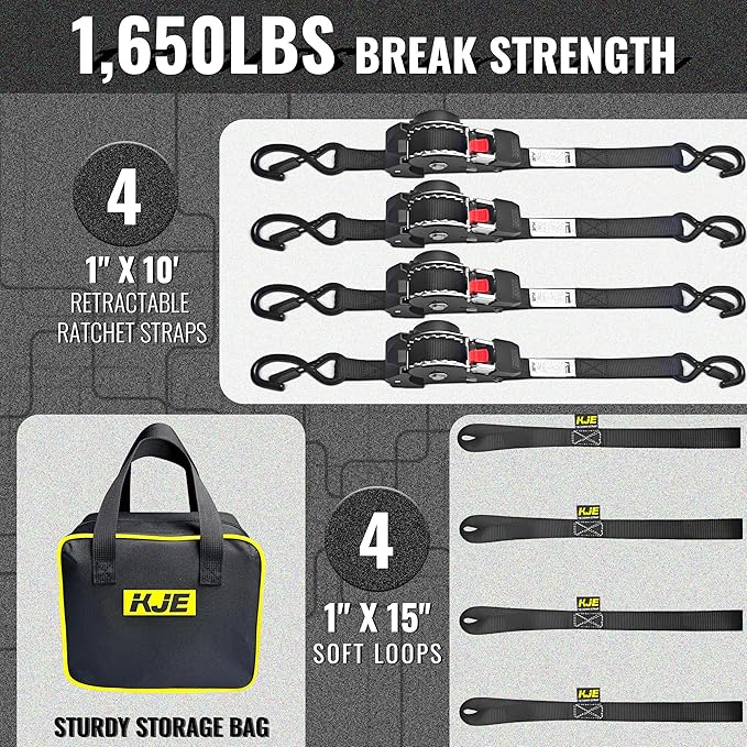 KJE Retractable Ratchet Straps, (4) 1" x 10' Tie Down Strap + (4) Soft Loop - Heavy Duty 1,650lb Max Break Strength, S-Hook with Clip, Self Retracting Ratchet Strap for Motorcycle, Kayak, ATVs, Boats