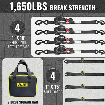 KJE Retractable Ratchet Straps, (4) 1" x 10' Tie Down Strap + (4) Soft Loop - Heavy Duty 1,650lb Max Break Strength, S-Hook with Clip, Self Retracting Ratchet Strap for Motorcycle, Kayak, ATVs, Boats